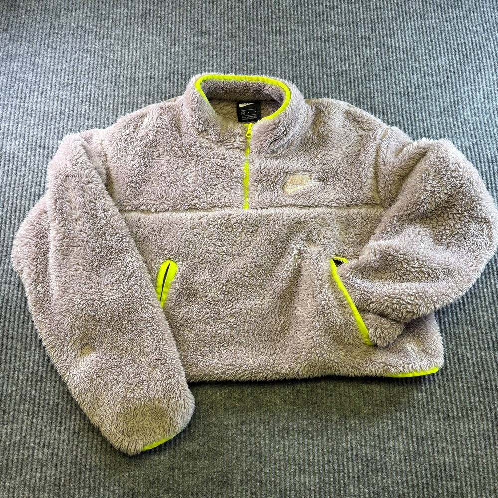 Nike Sportswear Sherpa Fleece‎ Half Zip Pullover Womens Medium Beige Neon